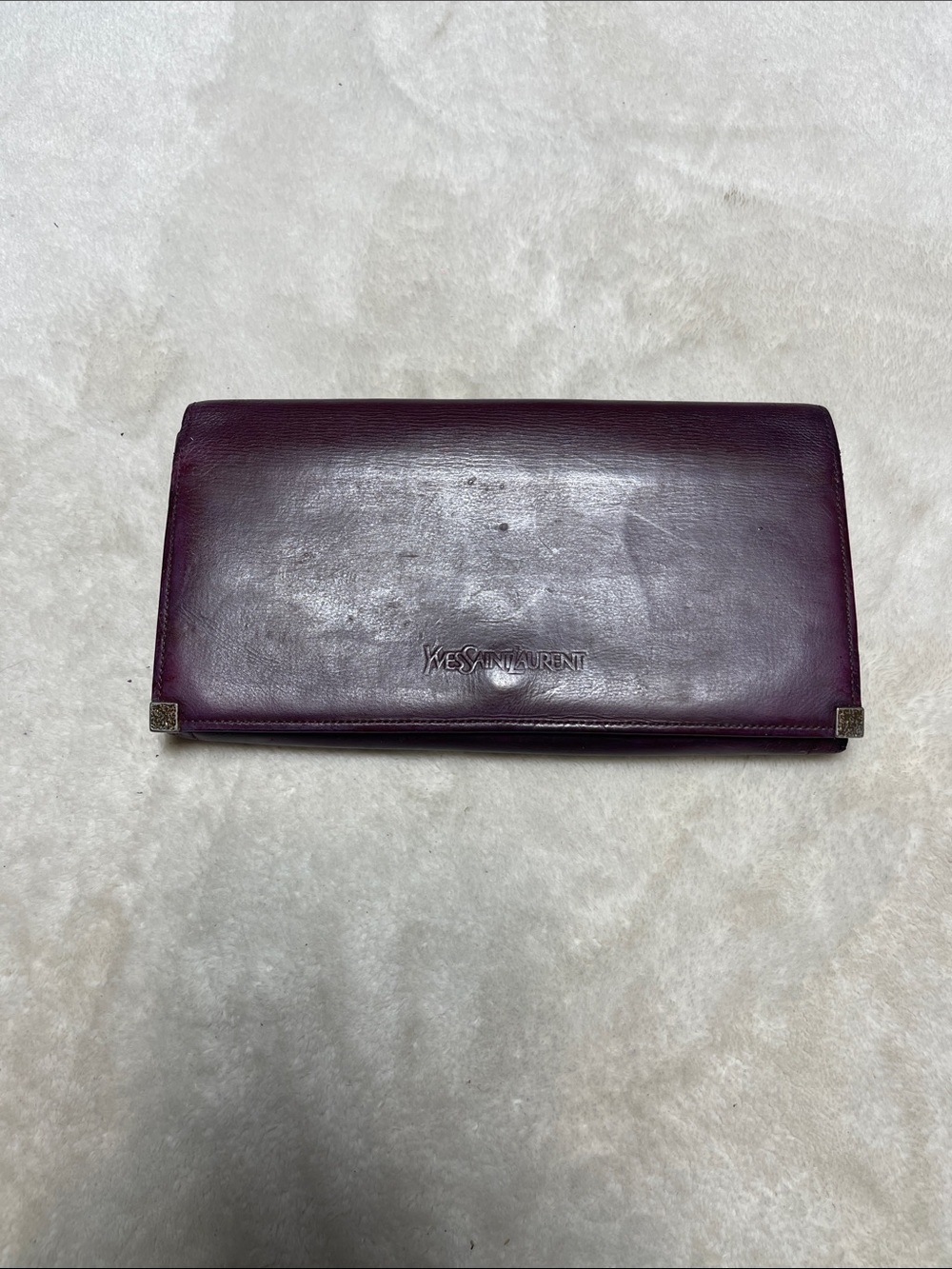 Yves Saint Laurent Deep Purple Leather Foldover Clutch with Gold Corners